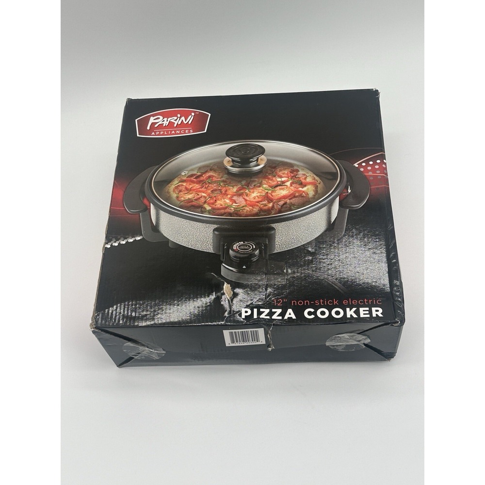 Parini 12 Inch Non-Stick Electric Pizza Cooker with Glass Lid 200-400F Black